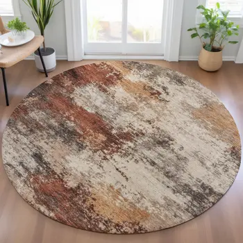 8' Rust And Beige Round Abstract Washable Indoor Outdoor Area Rug