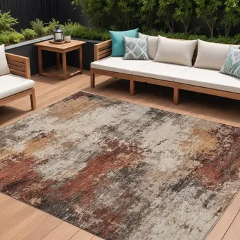 9' X 12' Rust And Beige Abstract Washable Indoor Outdoor Area Rug
