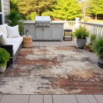 9' X 12' Rust And Beige Abstract Washable Indoor Outdoor Area Rug