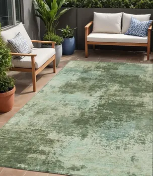 5' X 8' Artichoke Green And Pale Aqua Abstract Washable Indoor Outdoor Area Rug