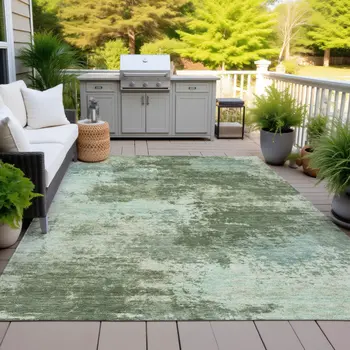 5' X 8' Artichoke Green And Pale Aqua Abstract Washable Indoor Outdoor Area Rug