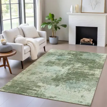 5' X 8' Artichoke Green And Pale Aqua Abstract Washable Indoor Outdoor Area Rug