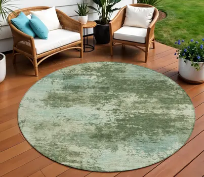 8' Artichoke Green And Pale Aqua Round Abstract Washable Indoor Outdoor Area Rug