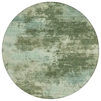 8' Artichoke Green And Pale Aqua Round Abstract Washable Indoor Outdoor Area Rug