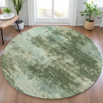 8' Artichoke Green And Pale Aqua Round Abstract Washable Indoor Outdoor Area Rug