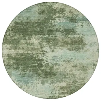 8' Artichoke Green And Pale Aqua Round Abstract Washable Indoor Outdoor Area Rug