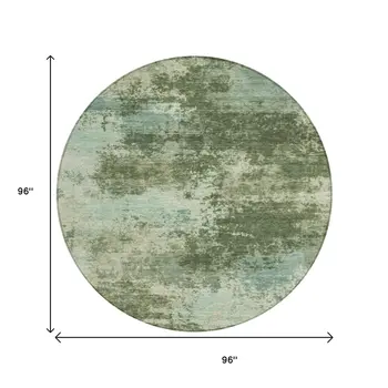 8' Artichoke Green And Pale Aqua Round Abstract Washable Indoor Outdoor Area Rug