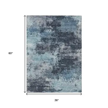 3' X 5' Blue And Ivory Abstract Washable Indoor Outdoor Area Rug