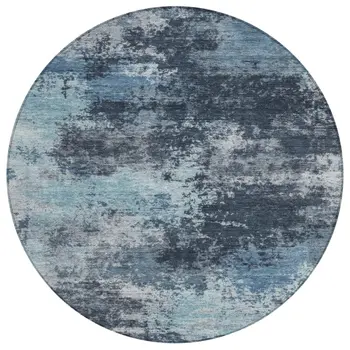 8' Blue And Ivory Round Abstract Washable Indoor Outdoor Area Rug