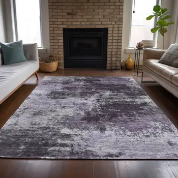 3' X 5' Purple And Ivory Abstract Washable Indoor Outdoor Area Rug
