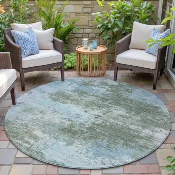 8' Sage And Denim Blue Round Abstract Washable Indoor Outdoor Area Rug