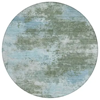 8' Sage And Denim Blue Round Abstract Washable Indoor Outdoor Area Rug