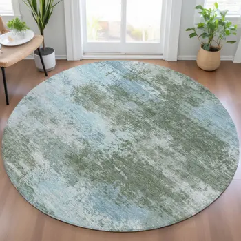 8' Sage And Denim Blue Round Abstract Washable Indoor Outdoor Area Rug