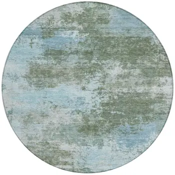 8' Sage And Denim Blue Round Abstract Washable Indoor Outdoor Area Rug