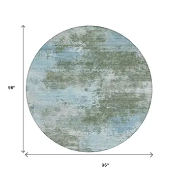 8' Sage And Denim Blue Round Abstract Washable Indoor Outdoor Area Rug
