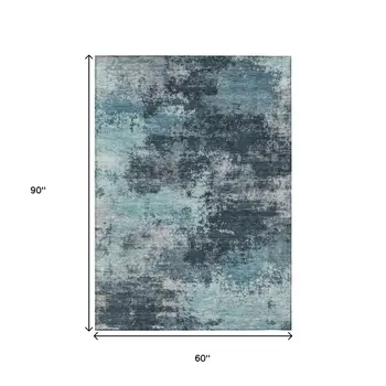 5' X 8' Teal Blue And Navy Blue Abstract Washable Indoor Outdoor Area Rug