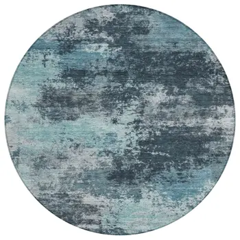 8' Teal Blue And Navy Blue Round Abstract Washable Indoor Outdoor Area Rug