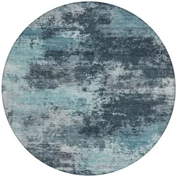 8' Teal Blue And Navy Blue Round Abstract Washable Indoor Outdoor Area Rug