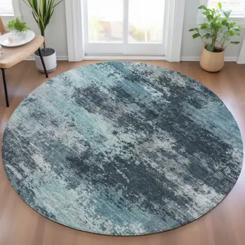 8' Teal Blue And Navy Blue Round Abstract Washable Indoor Outdoor Area Rug