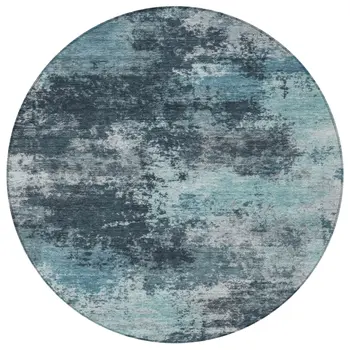 8' Teal Blue And Navy Blue Round Abstract Washable Indoor Outdoor Area Rug