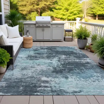 8' X 10' Teal Blue And Navy Blue Abstract Washable Indoor Outdoor Area Rug