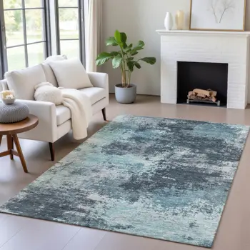 8' X 10' Teal Blue And Navy Blue Abstract Washable Indoor Outdoor Area Rug