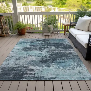 9' X 12' Teal Blue And Navy Blue Abstract Washable Indoor Outdoor Area Rug
