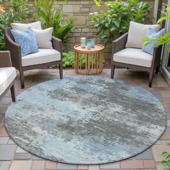 8' Taupe And Sky Blue Round Abstract Washable Indoor Outdoor Area Rug