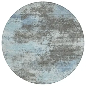 8' Taupe And Sky Blue Round Abstract Washable Indoor Outdoor Area Rug