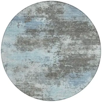 8' Taupe And Sky Blue Round Abstract Washable Indoor Outdoor Area Rug