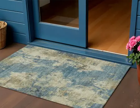 3' X 5' Blue And Beige Abstract Washable Indoor Outdoor Area Rug