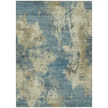 3' X 5' Blue And Beige Abstract Washable Indoor Outdoor Area Rug