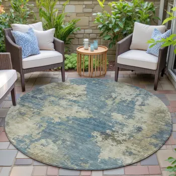 8' Blue And Beige Round Abstract Washable Indoor Outdoor Area Rug