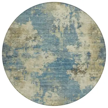 8' Blue And Beige Round Abstract Washable Indoor Outdoor Area Rug