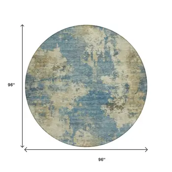 8' Blue And Beige Round Abstract Washable Indoor Outdoor Area Rug