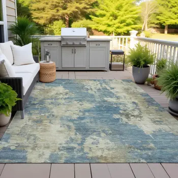 8' X 10' Blue And Beige Abstract Washable Indoor Outdoor Area Rug