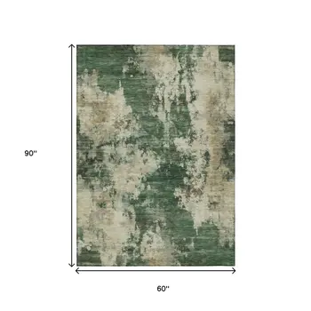5' X 8' Fern Green And Beige Abstract Washable Indoor Outdoor Area Rug