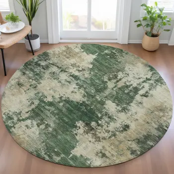 8' Fern Green And Beige Round Abstract Washable Indoor Outdoor Area Rug