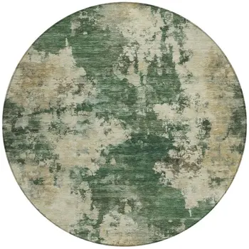 8' Fern Green And Beige Round Abstract Washable Indoor Outdoor Area Rug