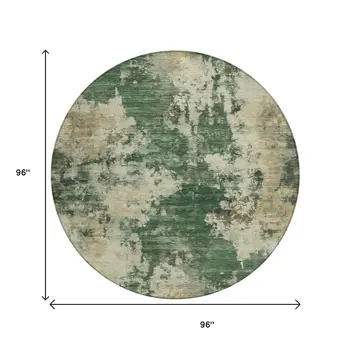 8' Fern Green And Beige Round Abstract Washable Indoor Outdoor Area Rug