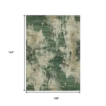 9' X 12' Fern Green And Beige Abstract Washable Indoor Outdoor Area Rug