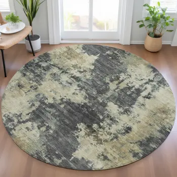 8' Gray And Beige Round Abstract Washable Indoor Outdoor Area Rug