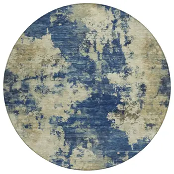 8' Navy Blue And Beige Round Abstract Washable Indoor Outdoor Area Rug
