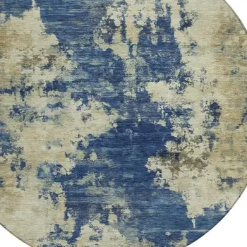 8' Navy Blue And Beige Round Abstract Washable Indoor Outdoor Area Rug