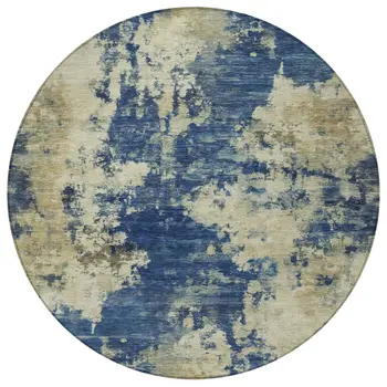 8' Navy Blue And Beige Round Abstract Washable Indoor Outdoor Area Rug