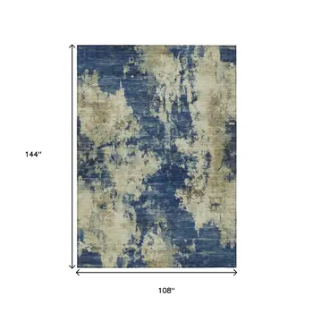 9' X 12' Navy Blue And Beige Abstract Washable Indoor Outdoor Area Rug