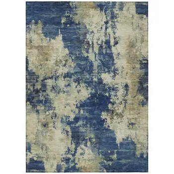 10' X 14' Navy Blue And Beige Abstract Washable Indoor Outdoor Area Rug