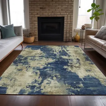 10' X 14' Navy Blue And Beige Abstract Washable Indoor Outdoor Area Rug