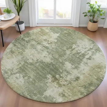 8' Sage And Beige Round Abstract Washable Indoor Outdoor Area Rug