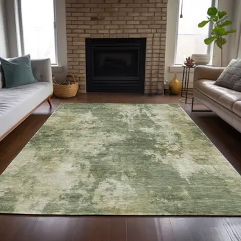 9' X 12' Sage And Beige Abstract Washable Indoor Outdoor Area Rug